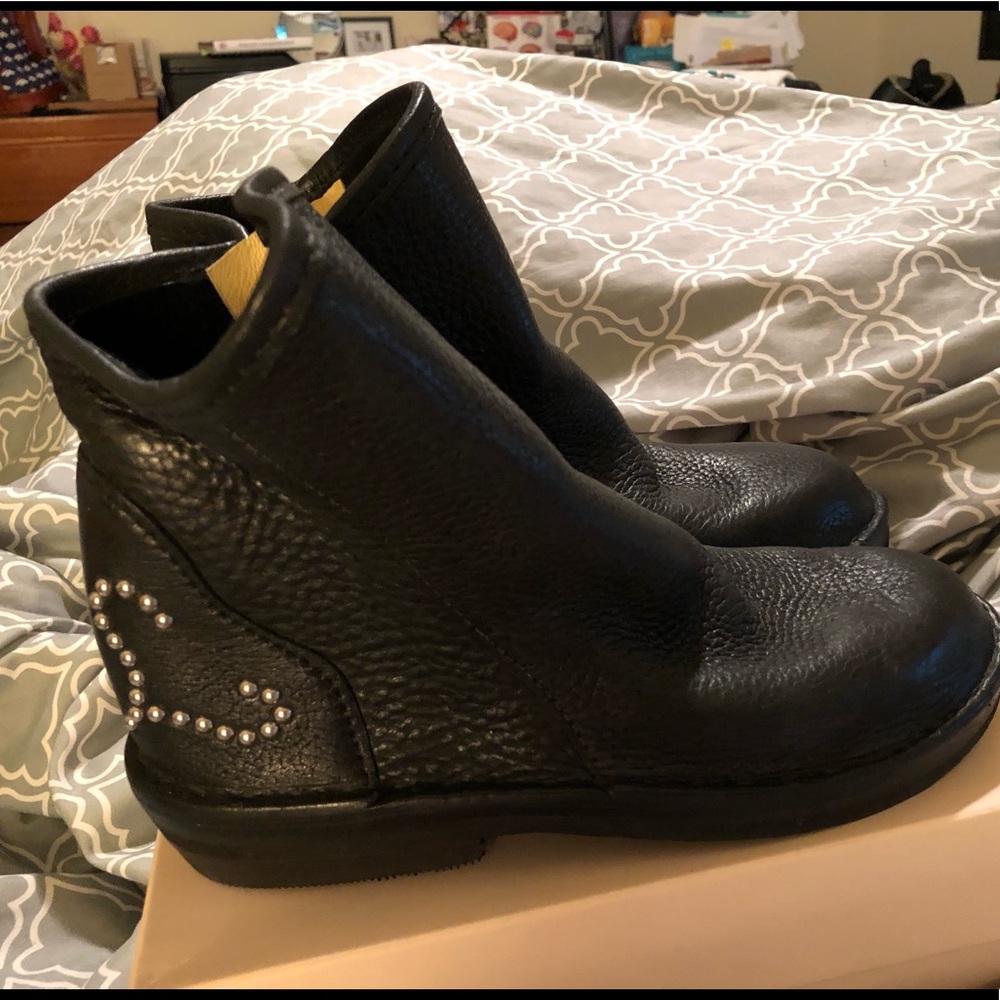 Black leather Booties with silver hearts on ankles